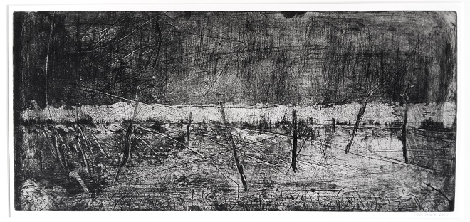 Het Maantjesland. Ets. 40x70 cm. 