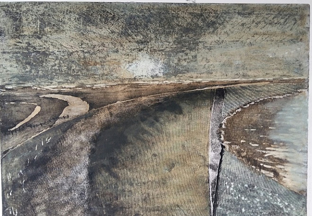 De dijk. Ets, tekeninkt. 50x70 cm.