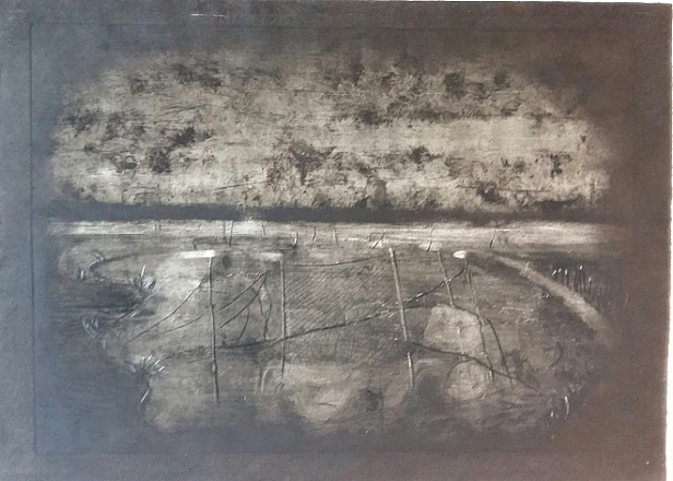 Geraakt door sluizen en in rivieren vaak in de zee. Ets. 50x70 cm. 
