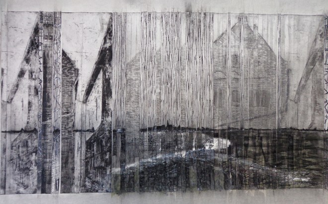 Achter het museum. Ets, lino, collage, krijt. 70x100 cm.