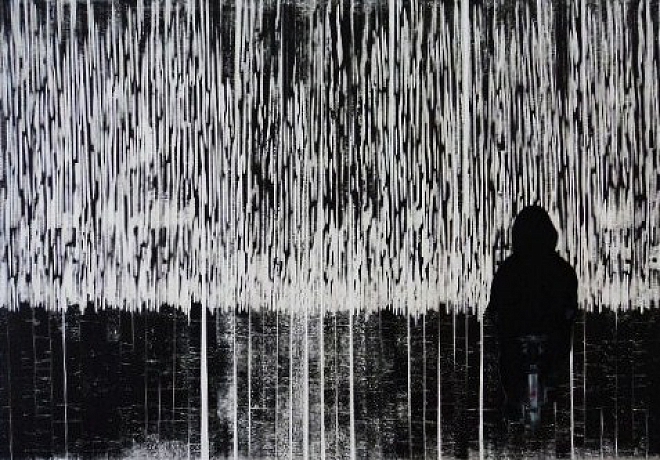 In noordelijke richting. Lino, olieverf, collage.100x70 cm.