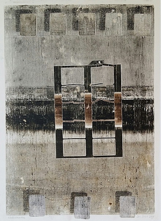 Waterstanden. Ets, sjabloondruk, materiaaldruk. 70x50 cm.