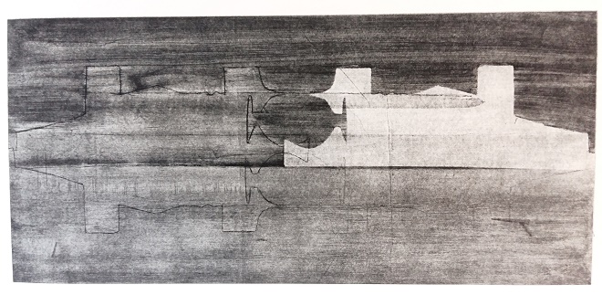 Mistlied. Droge naald, sjabloondruk. 40x70 cm.