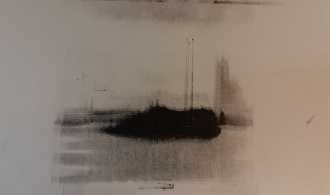 Het kompaseiland. Ets op courant. 30x50 cm.